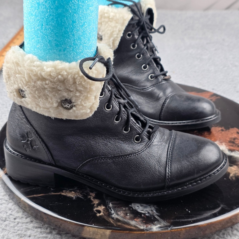 Patricia Nash Leather Ankle Boots Women Lia‎ 2 size 7 Black Shearling Trim Lace